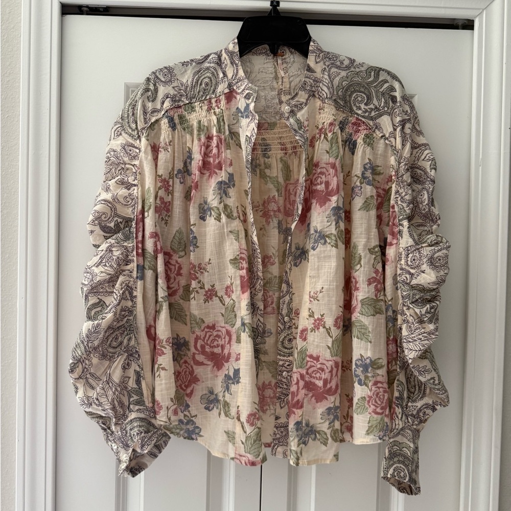 Free People Floral Paisley Blouse - Cream, Pink, Green